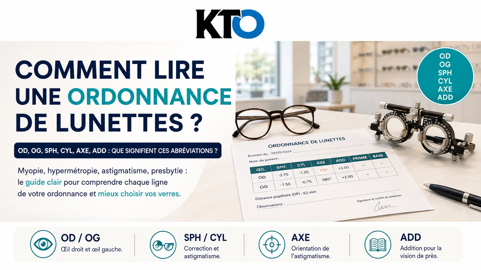 Lire une ordonnance d'ophtalmologue — OD, OG, SPH, CYL, AXE, ADD
